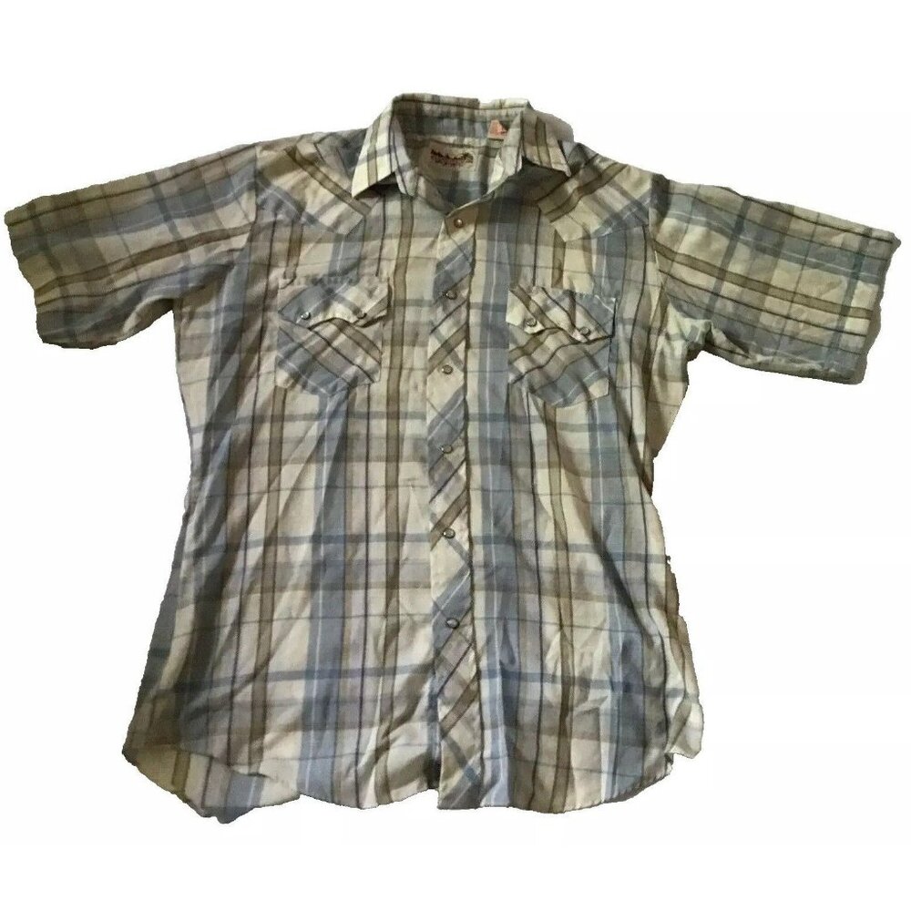 Mens Western Plaid Short Sleeve Shirt M Snap Buttons 65% Polyester 35% Cotton Bl